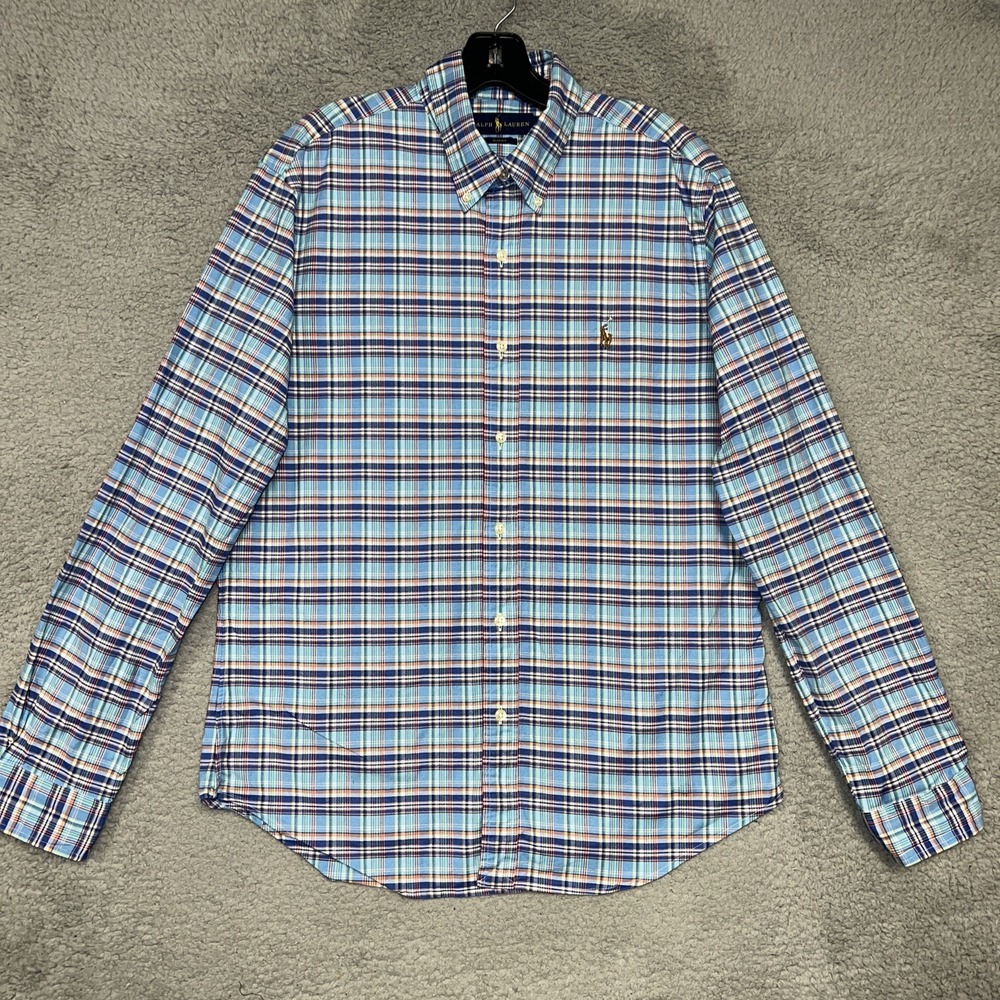 VTG Polo Ralph Lauren Shirt Mens Sz L Blue Plaid Slim Fit Flesh Pony Button Down